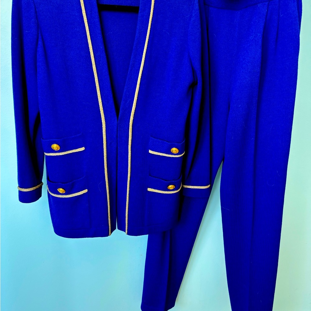 St. John's collection royal blue cardigan with gold trim & buttons. Size petite.